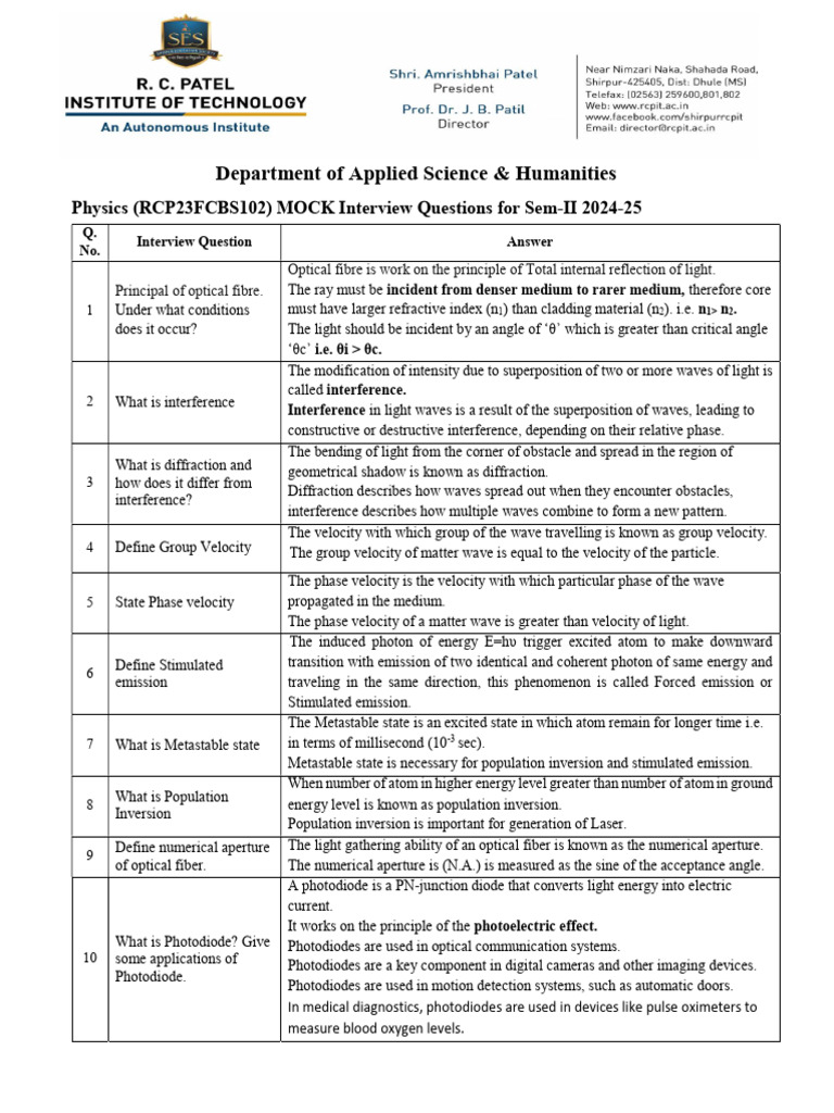 Physics Mock Interview Questions 2024 | PDF | Diffraction | Waves
