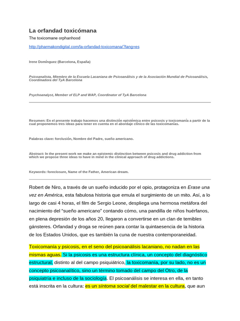 La Orfandad Toxicómana (Distinción Entre Toxicomanía y Psicosis ...