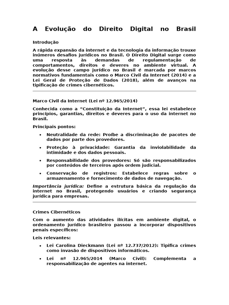 Evolução do Direito Digital no Brasil | PDF | Internet | Privacidade de ...