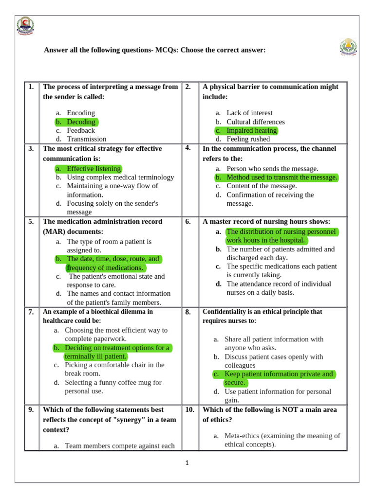 Communication Skills MCQs and Answers | PDF | Communication | Nursing