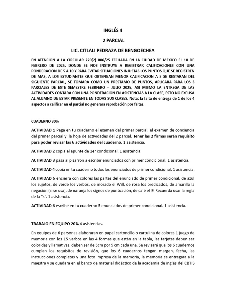Instrucciones para el Segundo Parcial de Inglés | PDF