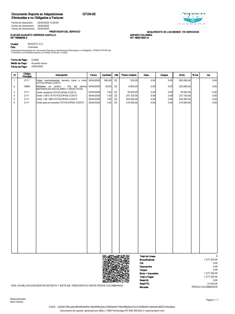 GTUN-82 Documento Soporte en Adquisiciones Efectuadas A No Obligados A ...
