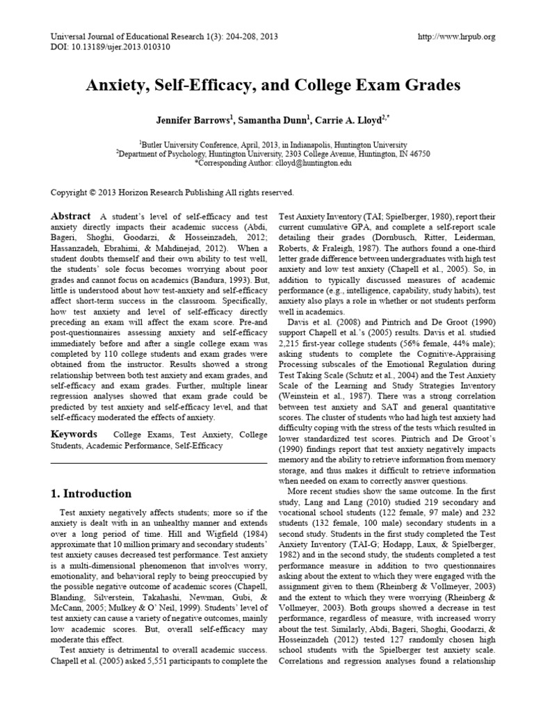 Anxiety Self-Efficacy and College Exam Grades | PDF | Self Efficacy ...