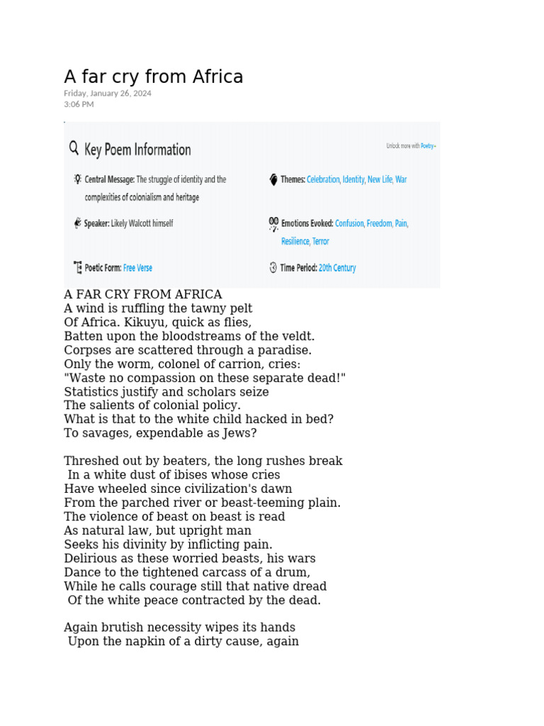 A Far Cry from Africa Analysis | PDF | Poetry
