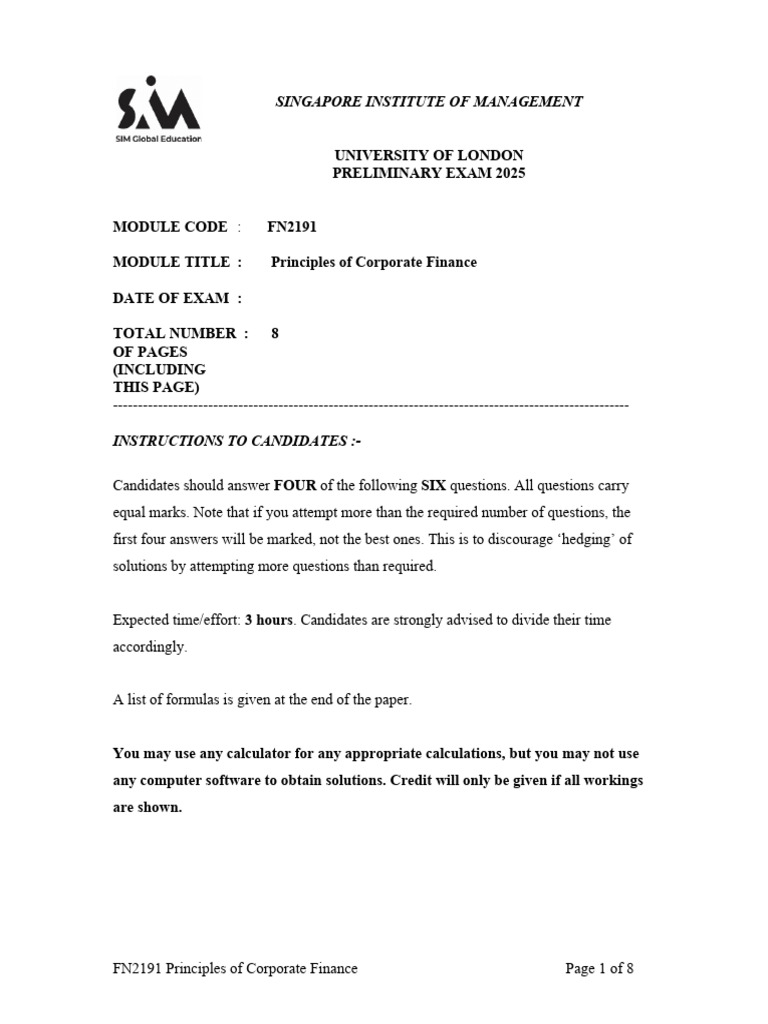 FN2191 Corporate Finance Exam 2025 | PDF | Net Present Value | Mergers ...