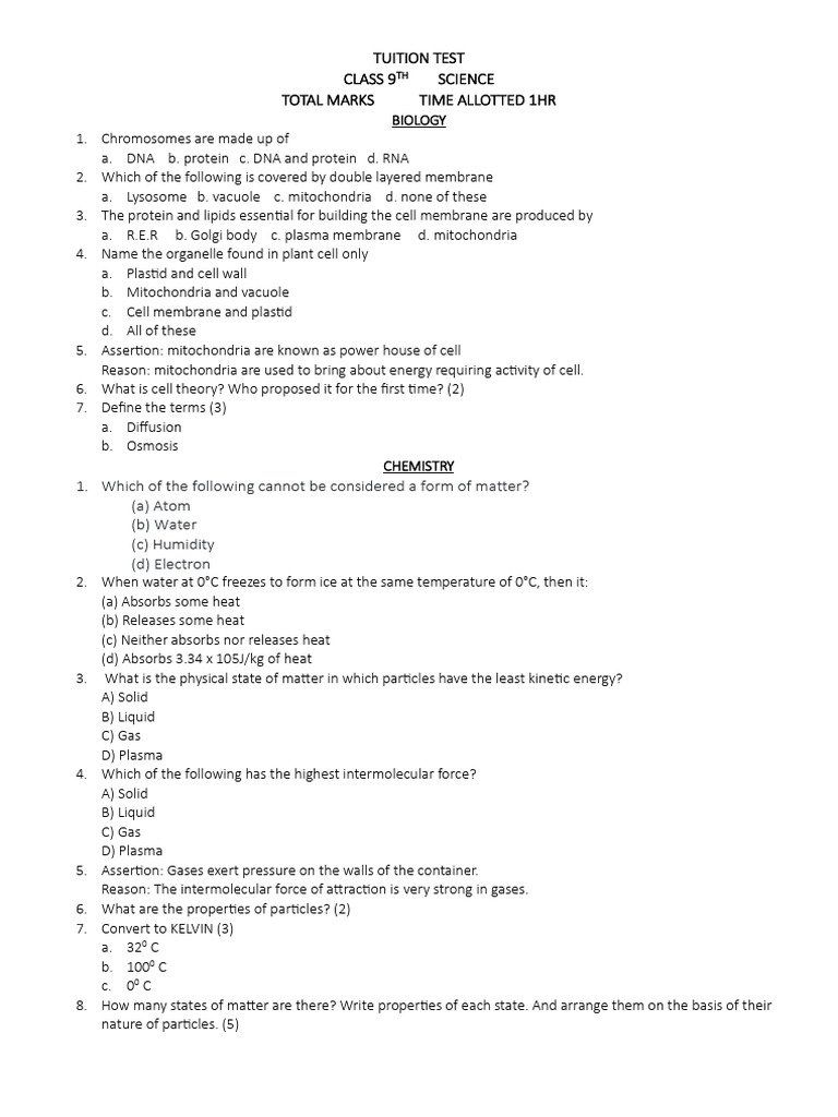 Cl9 Tuition Test Sci | PDF