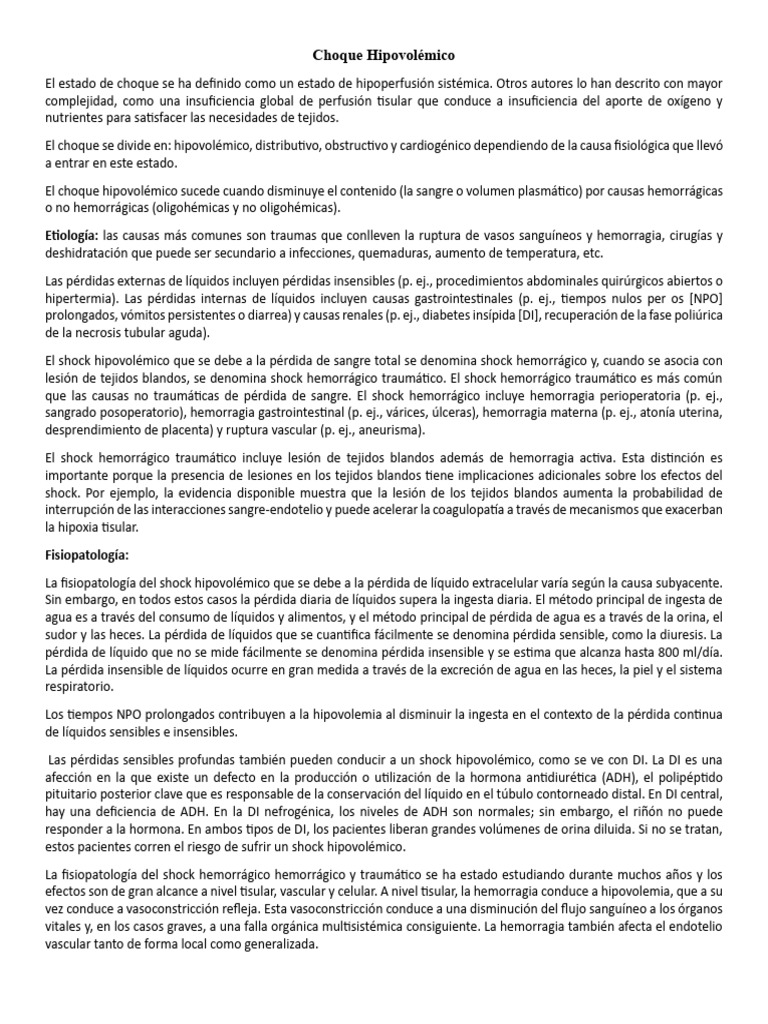 Clasificación y fisiopatología del choque hipovolémico | PDF | Plaqueta ...