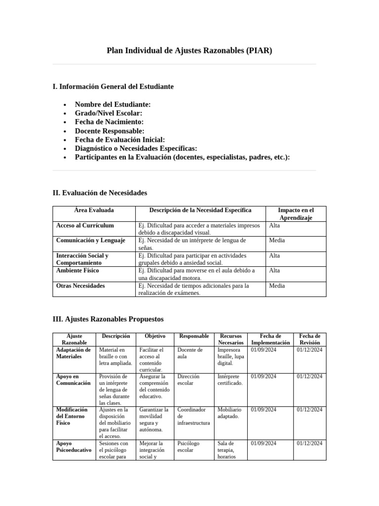 Plan de Ajustes Razonables PIAR | PDF | Salón de clases | Evaluación