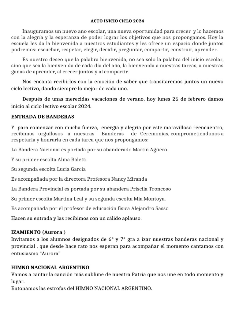Inicio del Ciclo Escolar 2024 en la Escuela | PDF