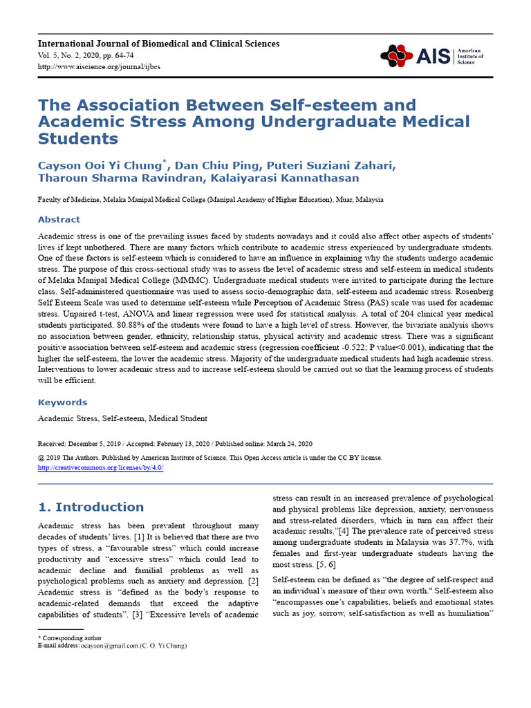 Self-Esteem and Academic Stress in Medical Students | PDF | Self Esteem ...