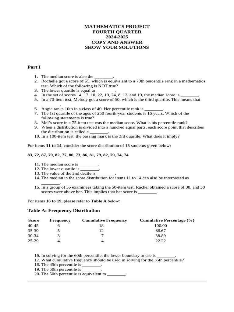 Mathematics Project on Percentiles and Quartiles | PDF | Percentile ...