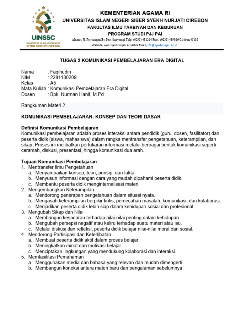 Tugas 2 Komunikasi Pembelajaran Era Digital Faqihudin A5 2281130209 | PDF