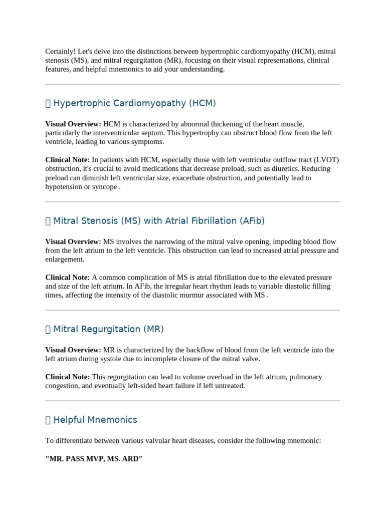 HCM, MS, MR: Key Features & Mnemonics | PDF | Heart | Diastole