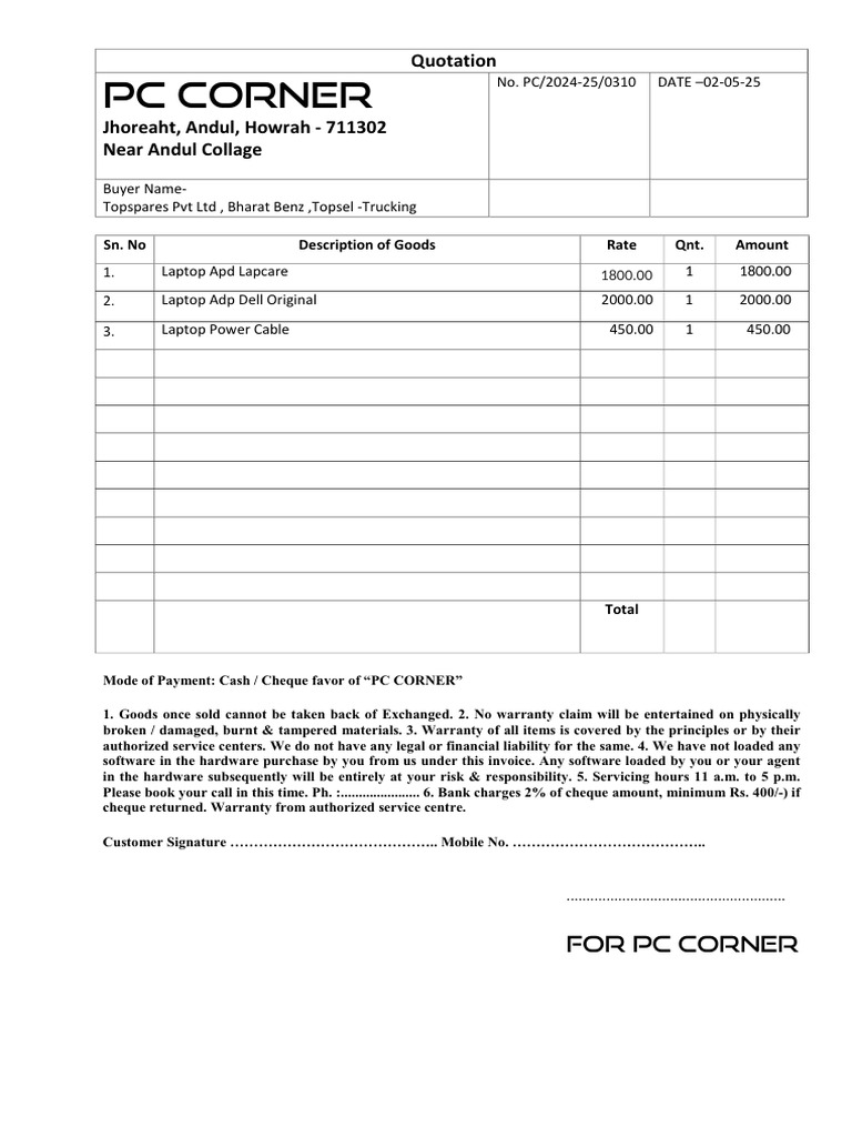 PC Corner Laptop Quotation Details | PDF