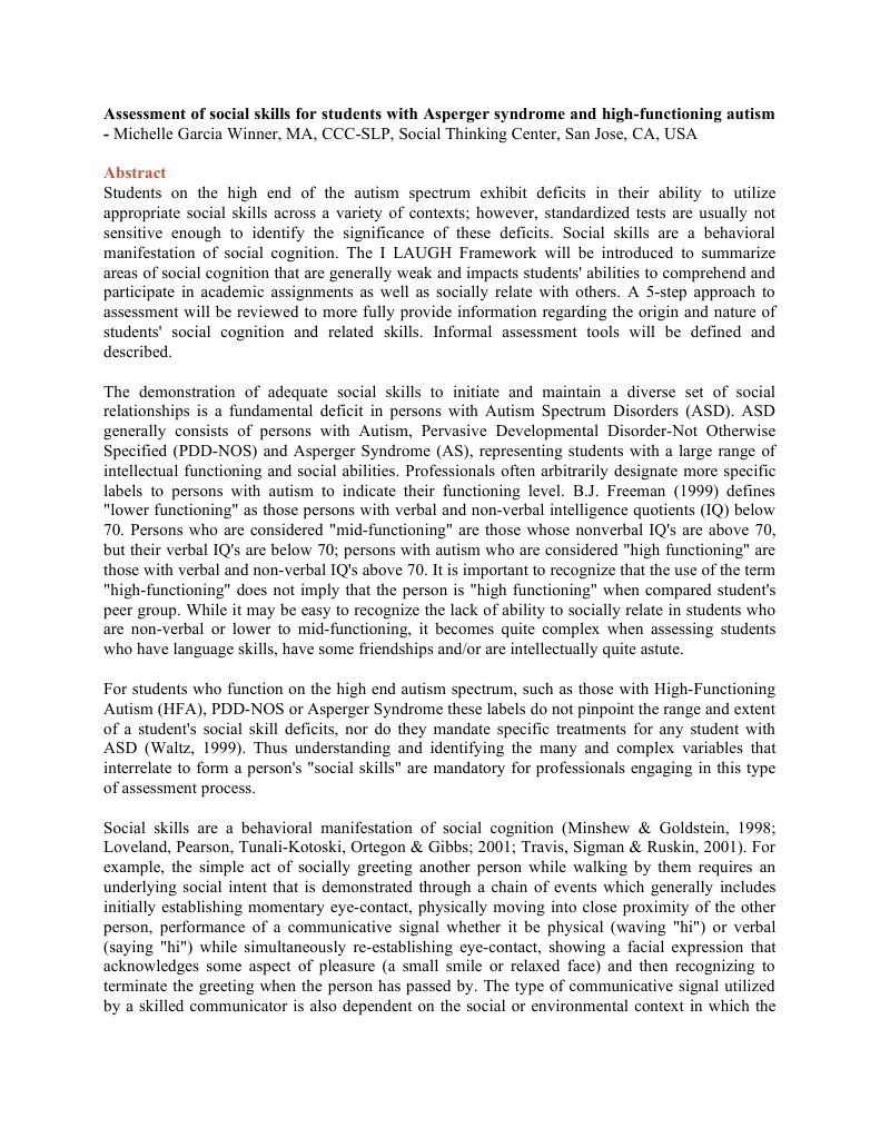 Social Skills Assessment for Asperger's | PDF | Autism Spectrum | Autism