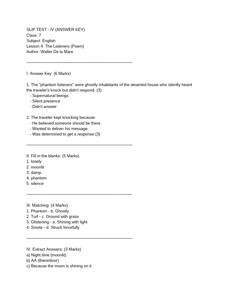 Slip Test IV Answer Key: The Listeners | PDF