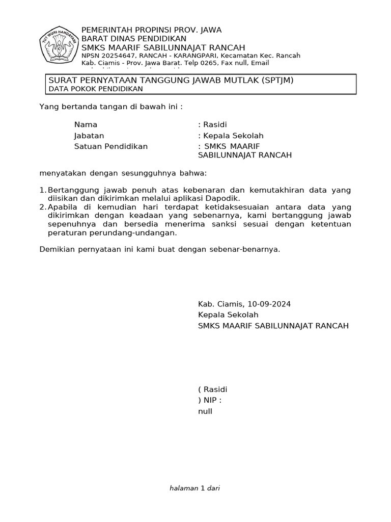 Sptjm Dapodik Cut Off 31 Agustus 2024 Pdf