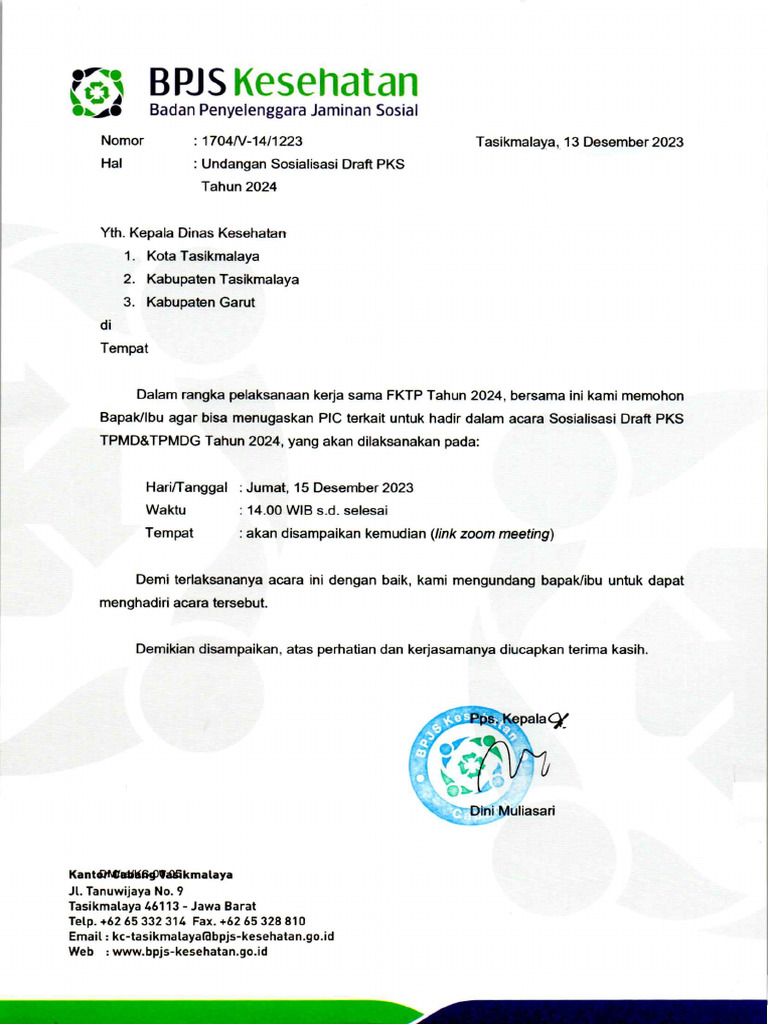 1704 - Surat Sosialisasi Draft PKS - TPMD&TPMDG 2024 | PDF