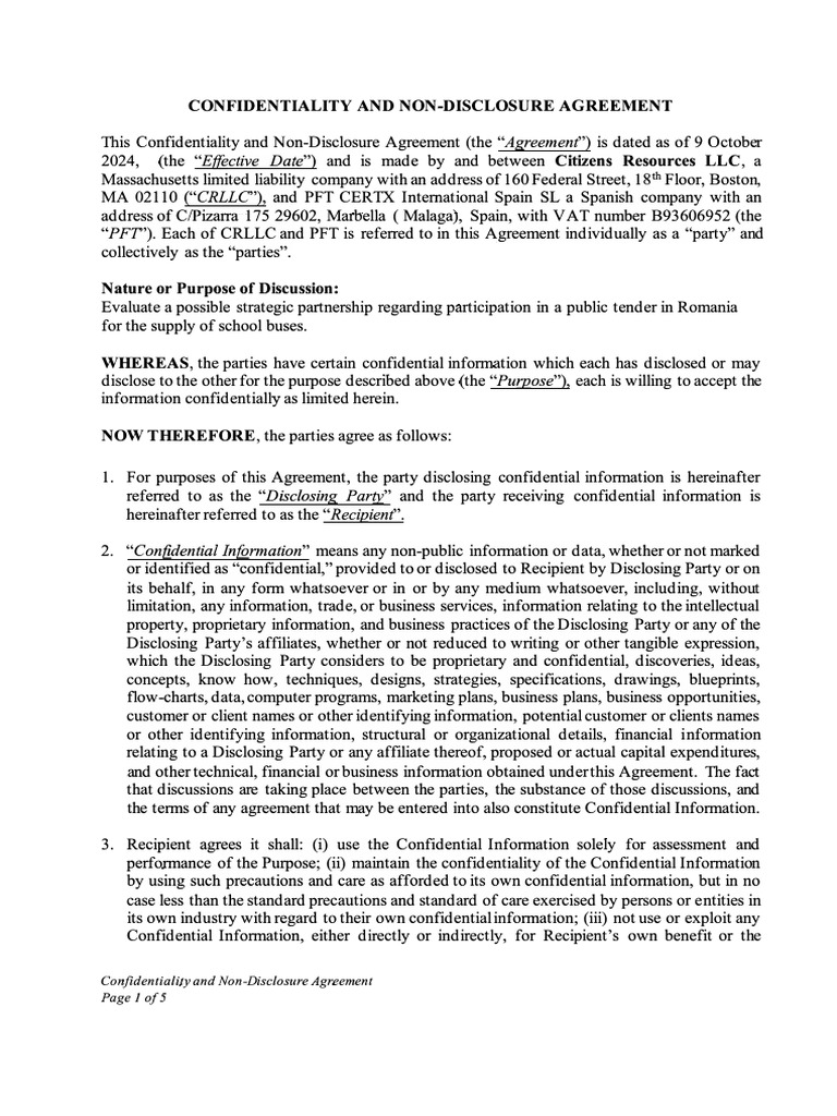Citizen Resourses EV - PFT Spain NDA Signed | PDF | Non Disclosure ...