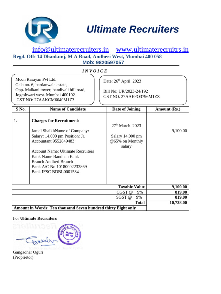 Invoice for Shaik Jamal's Recruitment | PDF