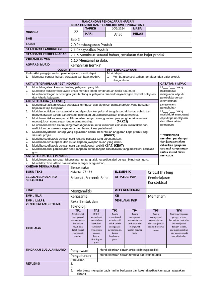 RPH RBT Tingkatan 3: Penghasilan Produk | PDF