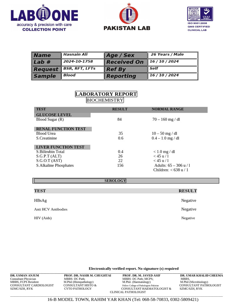BSR, RFT, and LFT Laboratory Report | PDF | Medical Specialties ...