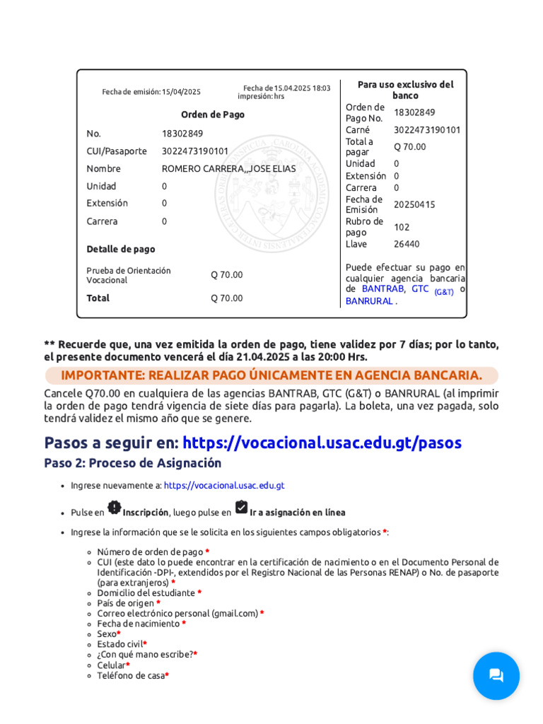 Instrucciones para Pago y Asignación de Prueba | PDF