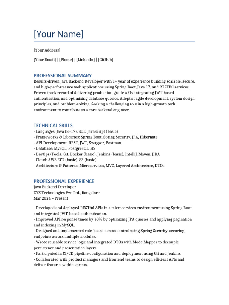 Java Backend Developer Resume | PDF | Java (Programming Language ...