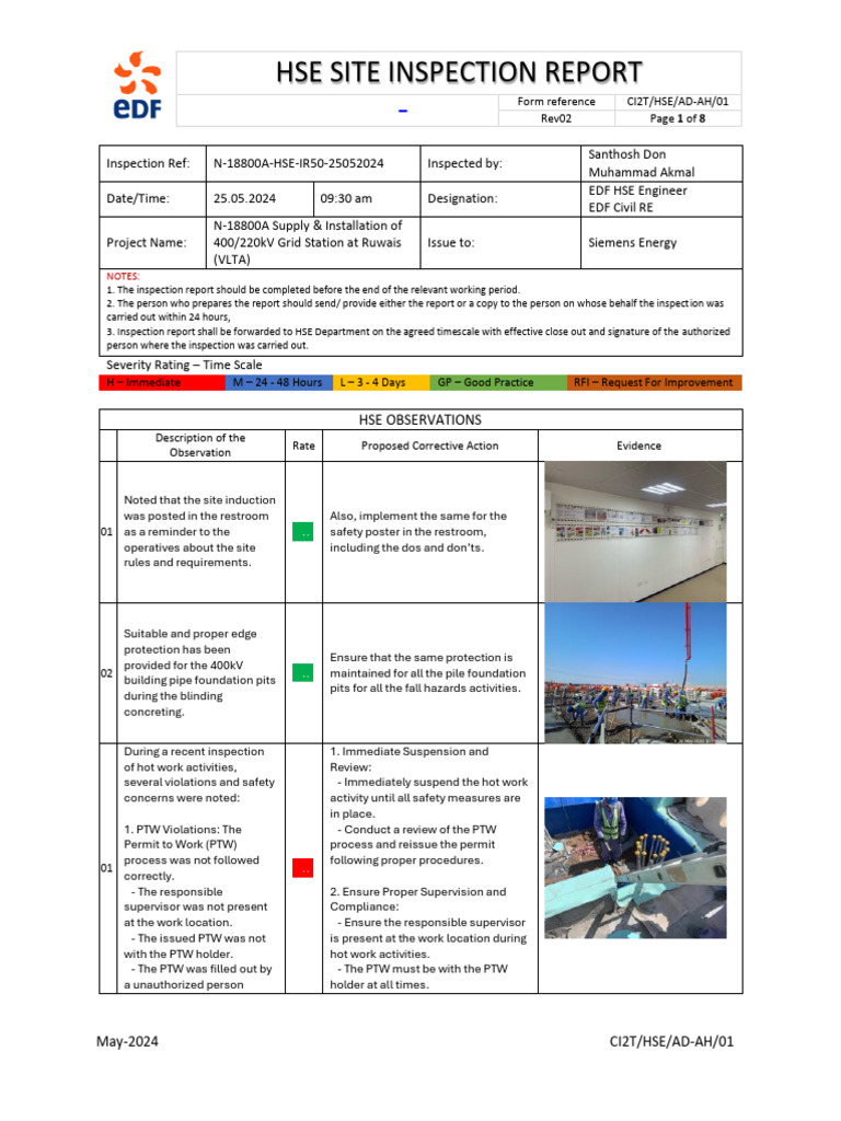 HSE Site Inspection Report - May 2024 | PDF | Regulatory Compliance ...