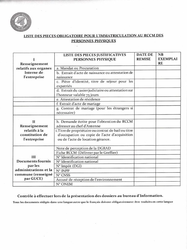 Liste Obligatoire Pour L'obtention Du RCCM Pour Les Personnes Physiques ...