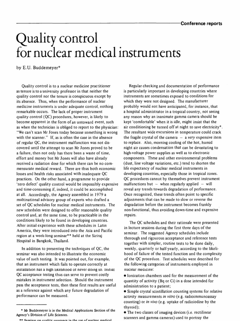 Quality Control in Nuclear Medicine Instruments | PDF | Nuclear ...