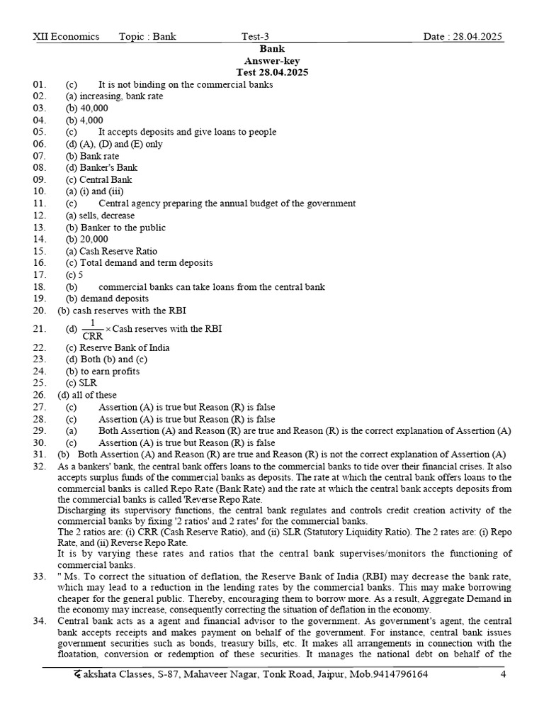 Bank Test Answer Key - April 2025 | PDF | Banks | Money Creation