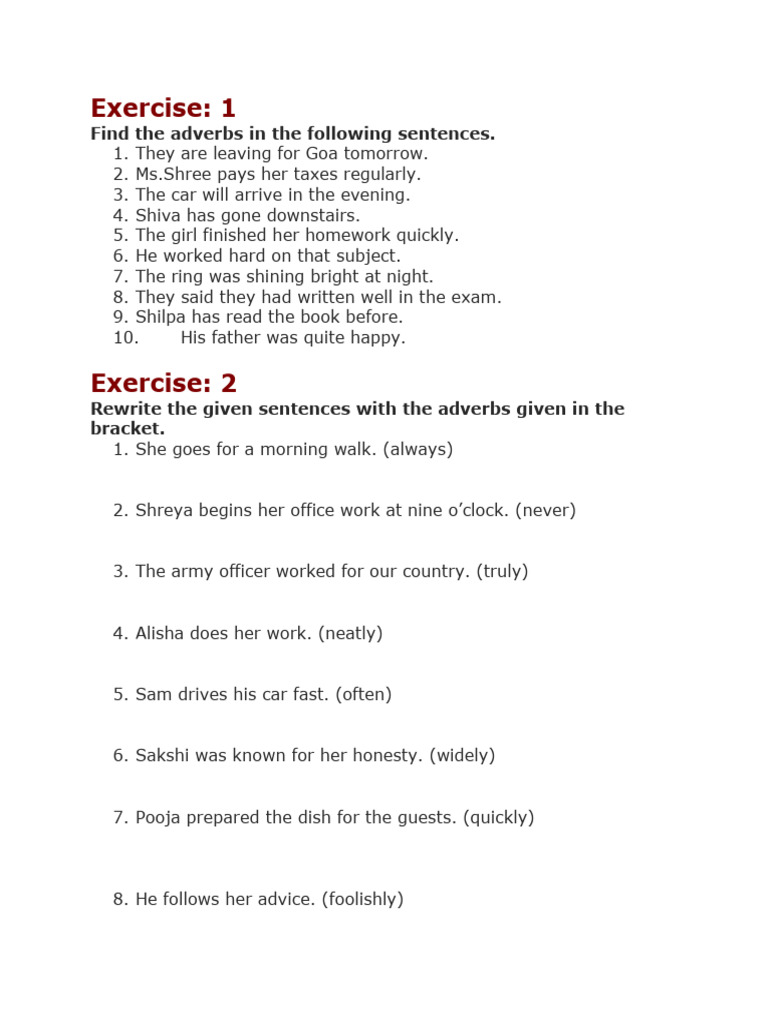 Adverb Worksheet Class 4 | PDF