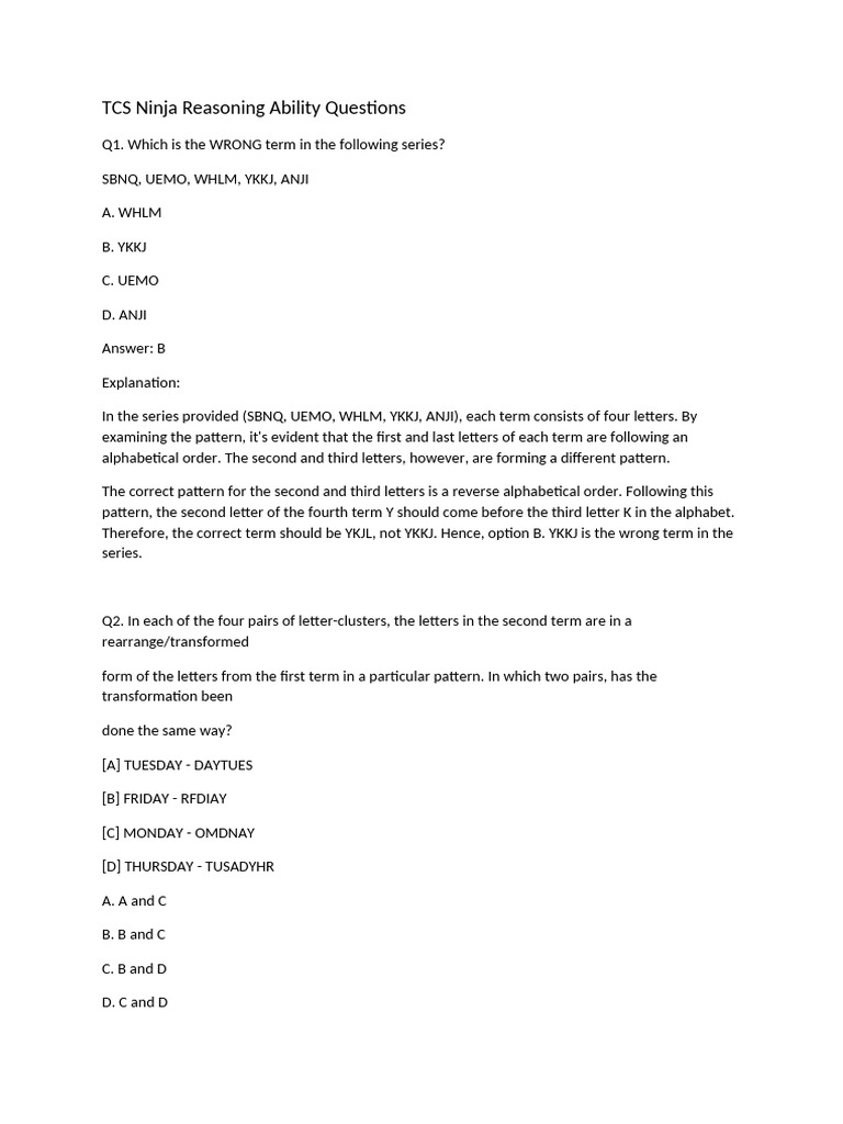 TCS Ninja Reasoning Ability Questions | PDF