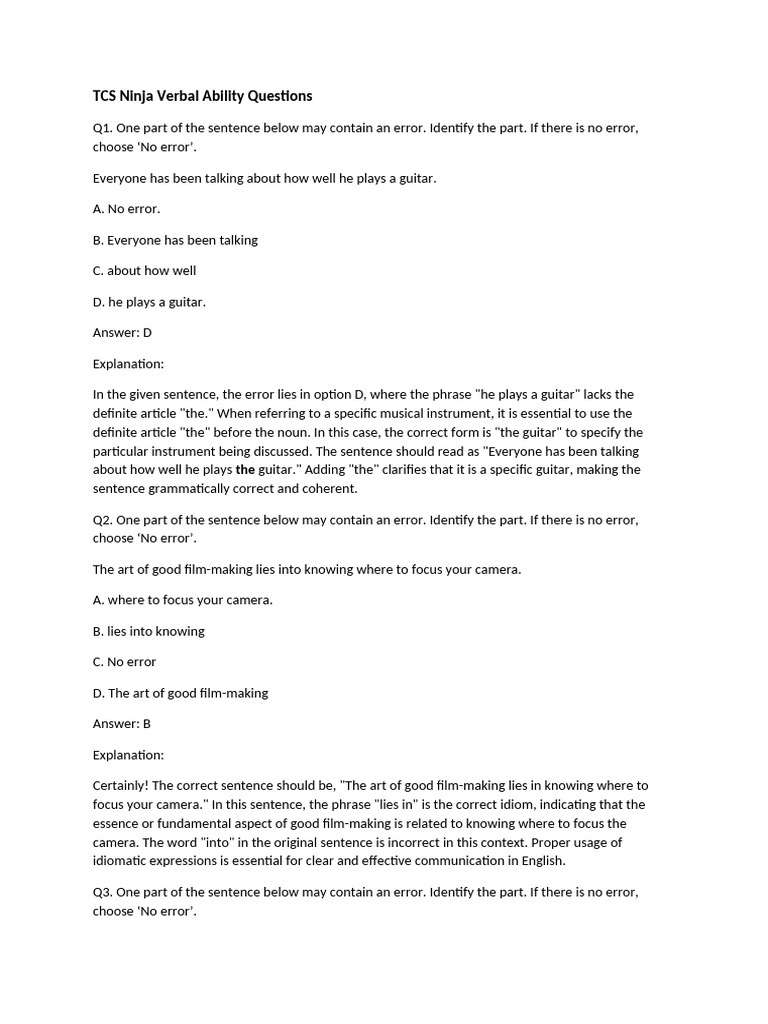 TCS Ninja Verbal Ability Practice Questions | PDF | Verb | Ice