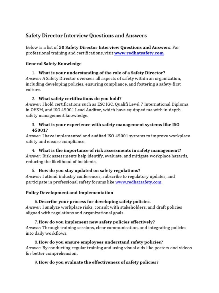 Safety Director Interview Q&A Guide | PDF | Regulatory Compliance ...