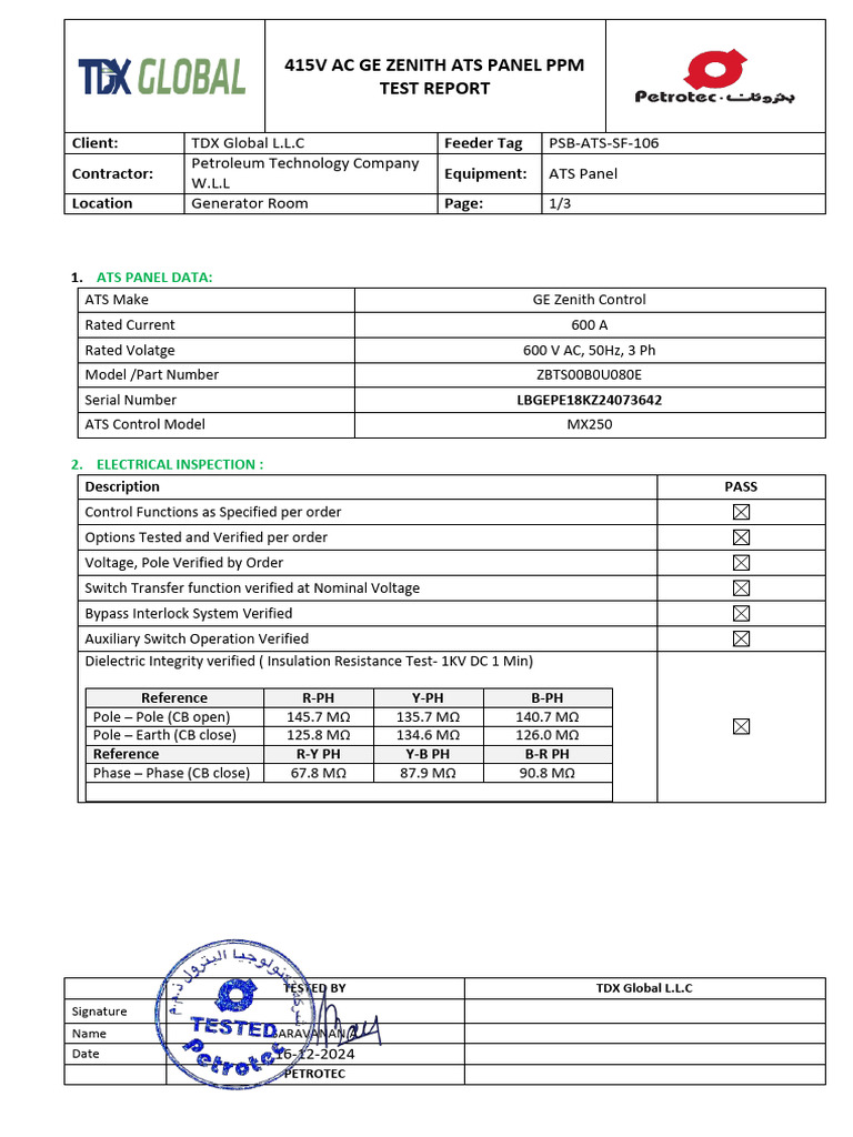 PSB-ATS-SF-106 - ATS Panel - Test Report - 16-12-2024 | PDF | Switch ...