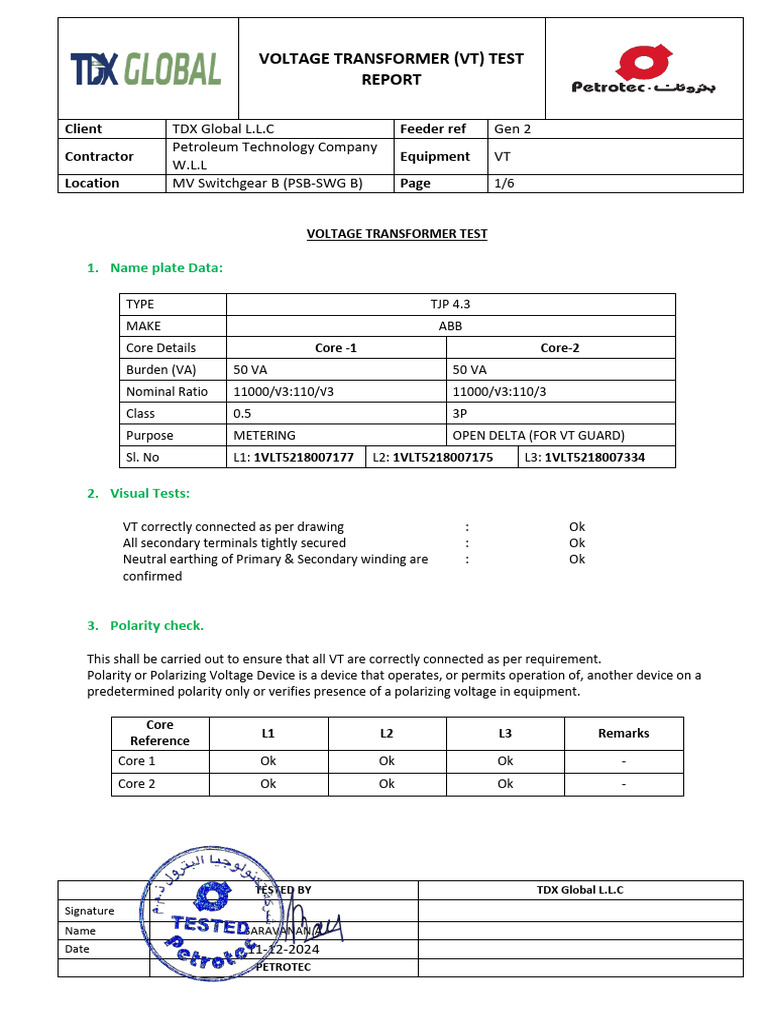 VT Ratio Test Report for TDX Global | PDF | Transformer | Alternating ...