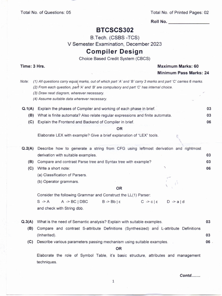 Compiler Design Exam Paper December 2023 | PDF | Parsing | Compiler