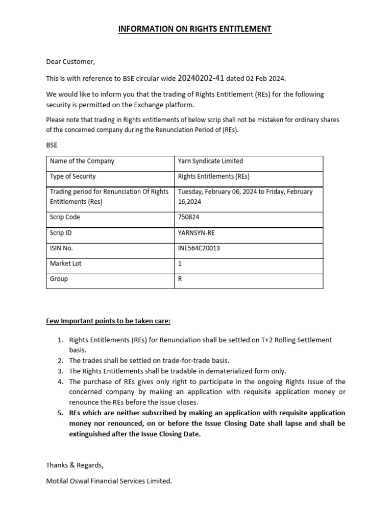 Yarn Syndicate Rights Entitlement Details | PDF | Stocks | Finance ...