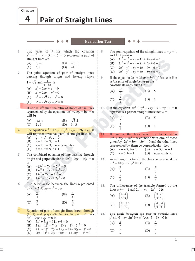 MHT-CET Triumph Maths - Evaluation Test of The Chapter Pair of Straight ...