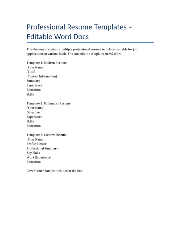 Professional Editable Resume Templates | PDF