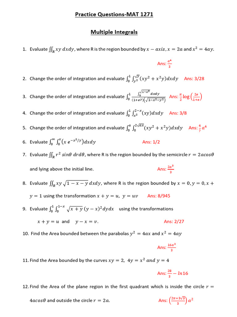 Multiple Integral Practice Problems | PDF | Area | Integral