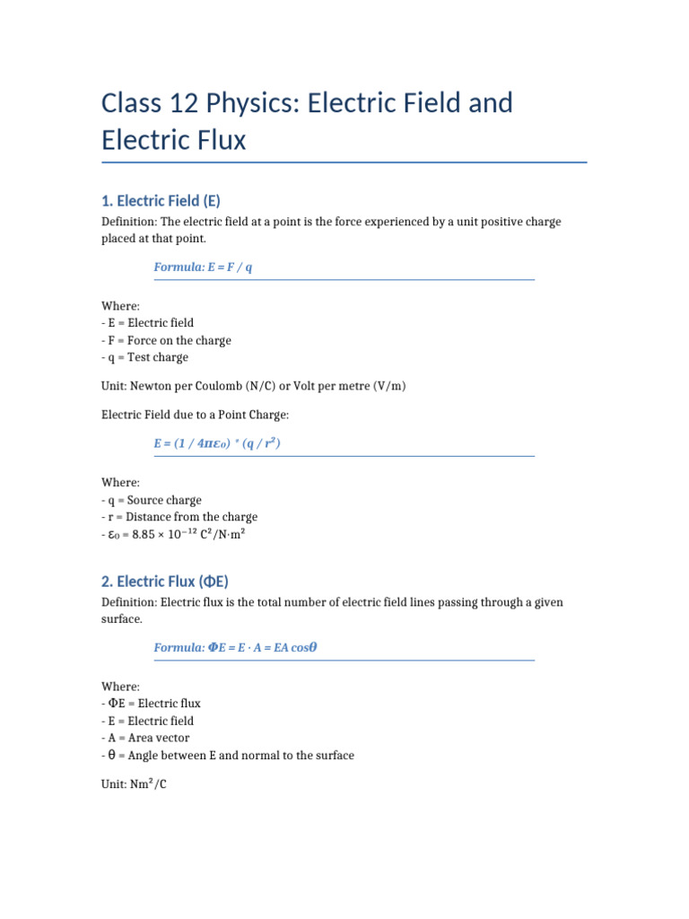 Electric Flux and Field in Class 12 | PDF
