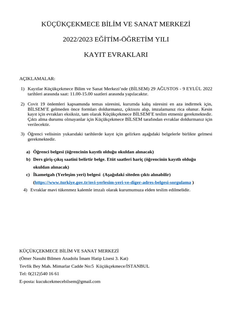 Ilk Kayit Kucukcekmece Bilim Ve Sanat Merkezi Kayit Evraklari | PDF