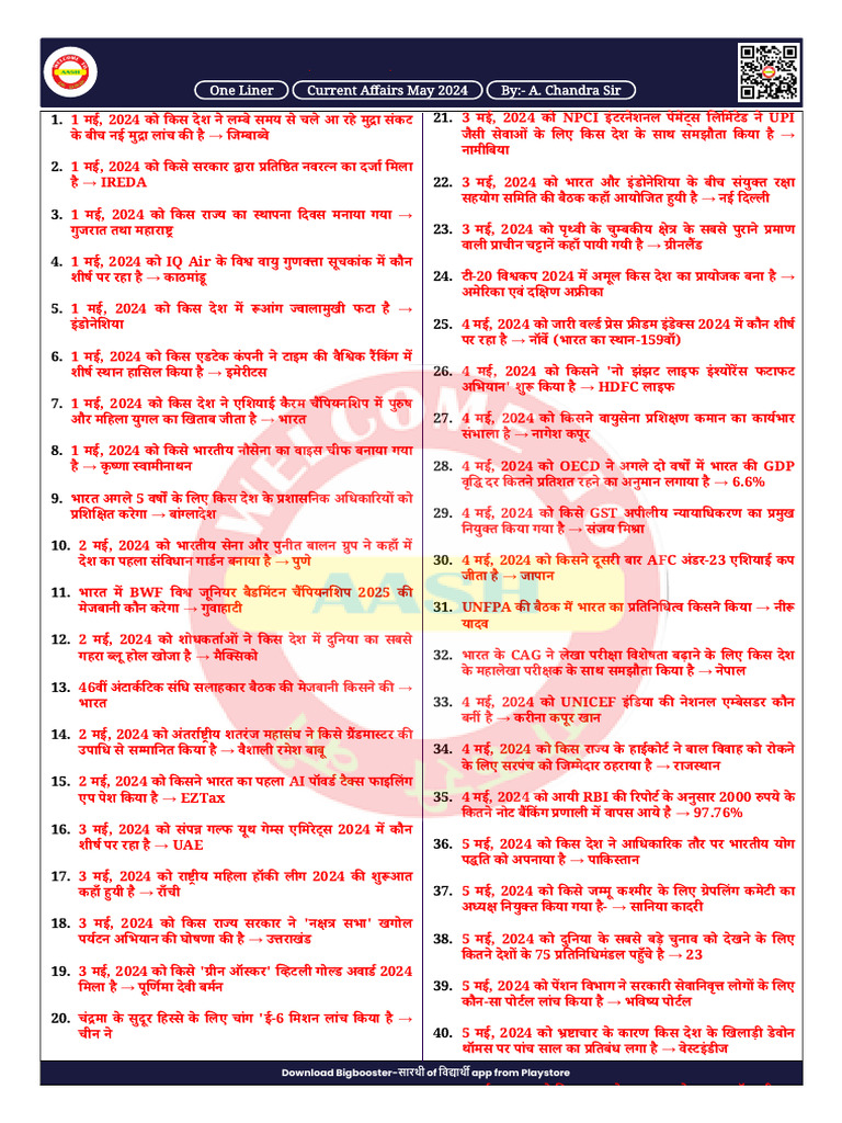 One Liner Current Affairs May 2024 | PDF