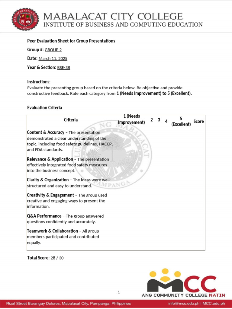 Peer Evaluation for Group 2 Presentation | PDF
