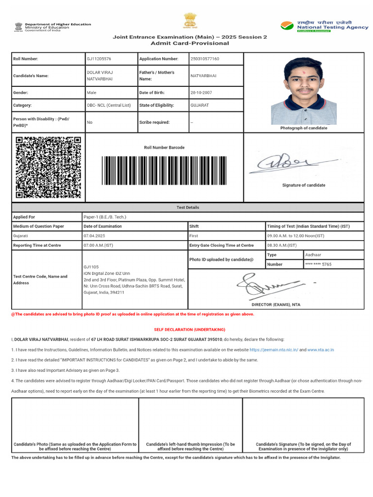 Jee Main p2 Admit Card | PDF