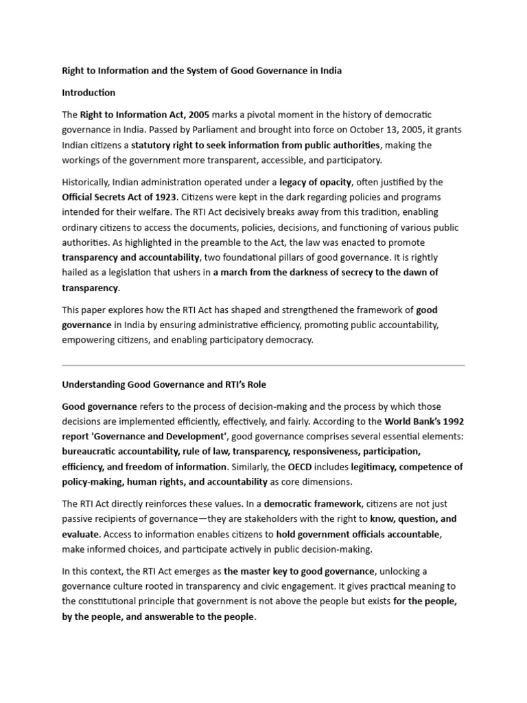 Right To Information and The System of Good Governance in India | PDF ...