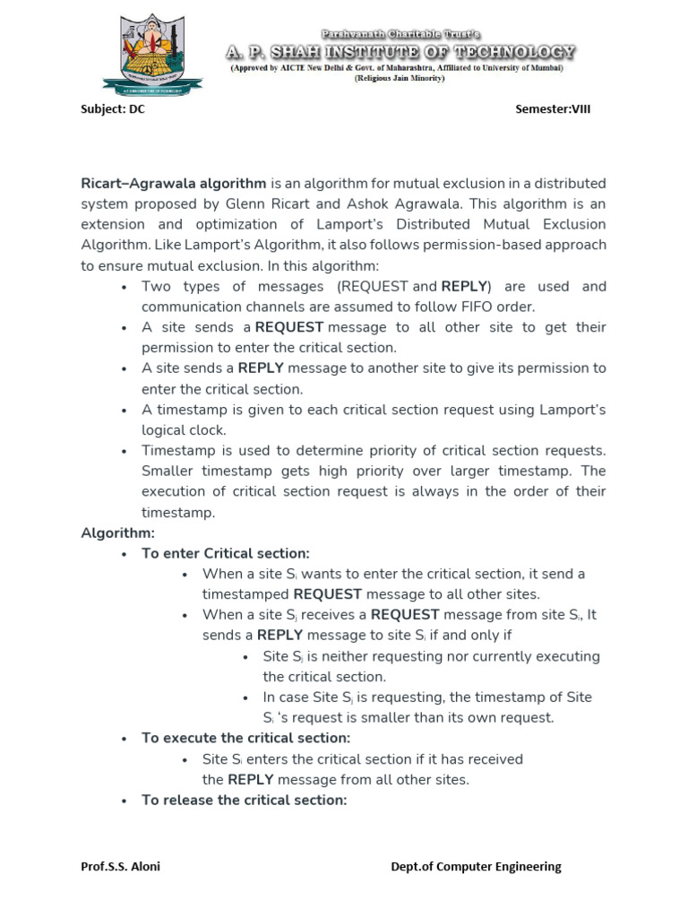 Justify How Ricart Agrawala Algorithm Optimised The Message Overhead in ...